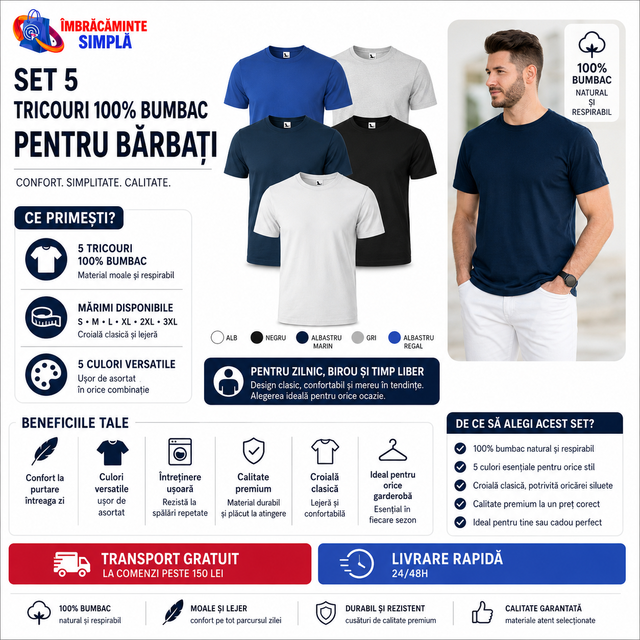 Set 5 tricouri bărbați bumbac 100% multicolor